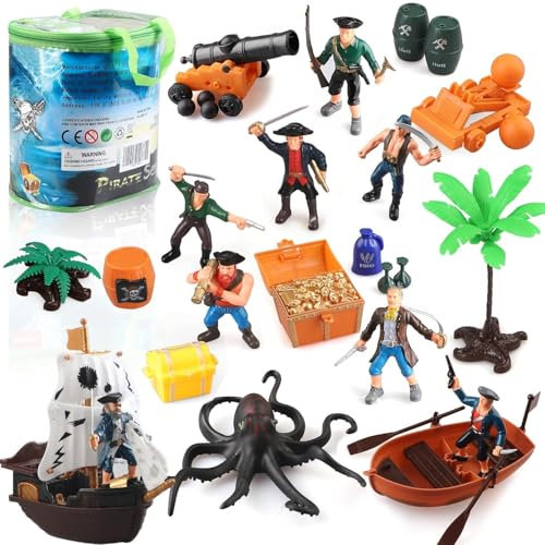 Kinder-Piraten-Actionfiguren, Spielset mit Eimer, Piratenspielzeug mit Boot, Schatztruhe, Kanonen, Oktopus-Schiff und anderem Zubehör, pädagogisches Piratenspiel, Geschenk für Jungen und Mädchen