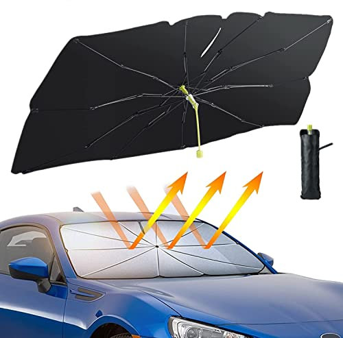 Parasol Coche Delantero, CompraFun Parasol Paraguas Coche, Parasol Plegable Coche con Anti UV Rayos, Fácil de Instalar y Almacenar, para Mayoría de Coches, SUV, Camiones 140 x 75 cm
