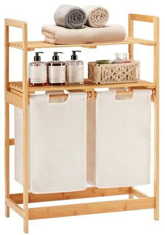 YOUDENOVA Panier à linge en bambou avec 2 étagères et 2 sacs à linge extensibles pour chambre à coucher, salle de bain ou buanderie, 93 x 64 x 33 cm, ivoire