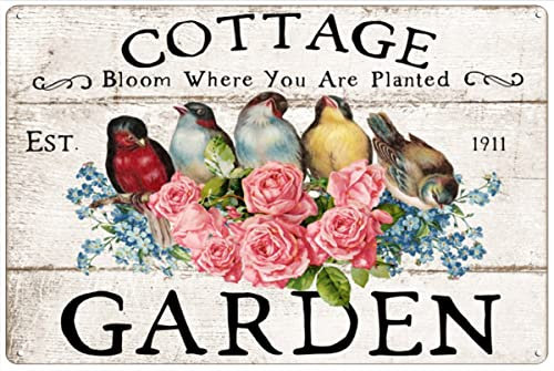 Divertido letrero de metal retro con texto en inglés Cottage Bloom Where You are Planted, póster de jardín francés, decoración de campo francés, decoración de pájaros, rosas, jardín, impresión