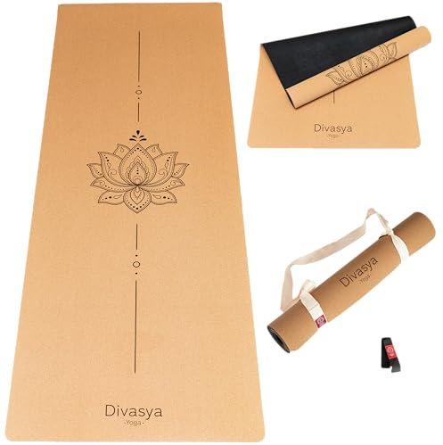 DIVASYA Premium Yogamatte Kork: aus Naturkautschuk & Kork | 100% natürlich & nachhaltig | 183 x 66 x 0,4cm | inkl. Tragegurt | Yoga Matte rutschfest | schadstofffrei | kein TPE | robust & langlebig