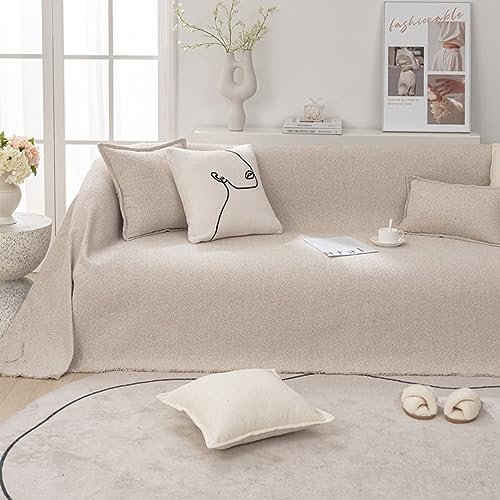 Mesnt Sofabezug Katzenschutz, Chenille Sofaüberwurf Decke Couch Einfarbig mit Quaste Helles Khaki, 180x340CM