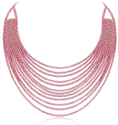 Ever Faith Multi Layered Chunky Collar Necklace, Glitter Pink Rhinestone Waterfall Multi-Strand Chains Statement Bib Necklace Costume Jewelry