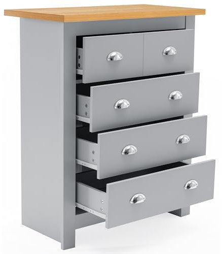 Chest of Drawers, 3+2 Drawer Bedroom Chest of Drawers MDF Chest of Draws Tall Dresser Bedside Table Storage Cabinet for Bedroom Living Room Office Hallway Furniture, Grey/Oak 39.5D x 79W x 95H cm