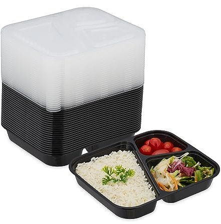 Relaxdays Fiambreras Plástico, Set de 24, 3 Compartimentos, Aptas Microondas, Reutilizables, Cajas para Meal Prep, Negro, 4 x 20 x 18 cm