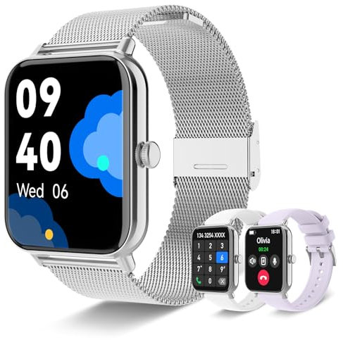 Reloj Inteligente Mujer, 1,85'' Smartwatch con Llamadas, 3 Correas, Pulsera Actividad Reloj Deportivo 100 Modos, Función Femenina, Podómetro Pulsómetro Monitor de Sueño, Android iOS Regalo (Plata)