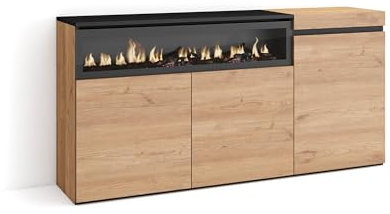 Skraut Home | Sideboard, Highboard | Kommode, Komodenschrank | 150x75x35cm | 3 Türen | Elektrokamin. Maße | Moderner Stil | Eiche Schwarz