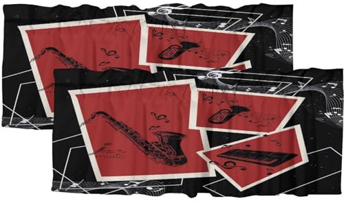 COALHO Verdunkelungsvorhänge für Jazz-Musik, Querbehang, Retro-Musik-Saxophon, Jazz-Instrument, rot, Küche, Heimdekoration, Fenstervorhänge, 138 x 46 cm (L x B x H), 2 Stück