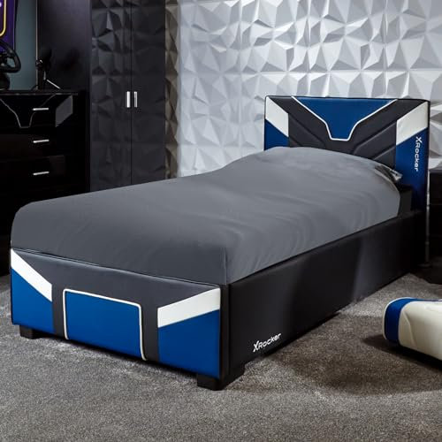 X-Rocker Cerberus MKII Ottoman Gas Lift Upholstered Platform Bed Frame with Storage, Ottoman Gaming Bed with Hydraulic Lifting Under Bed Storage, Single 3ft - BLUE BLACK WHITE