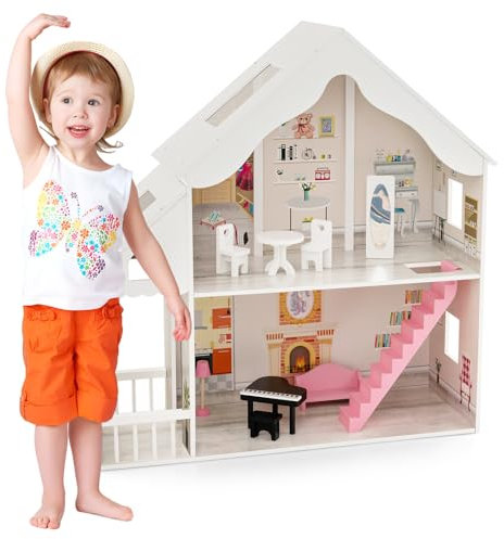Maxmass 2-Storey Kids Dollhouse, Large Children Dolls House with 6 Simulated Rooms & 8 Pieces of Furniture, Wooden Toddler DIY Pretend Doll House for 3+ Years Old