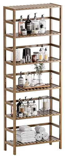 HITNET Bookcase, Bamboo Bookshelf, 6-Tier Adjustable Tall Open Book Shelf, Free Standing Storage Shelves Organizer, Flower Plant Display Stand, Walnut