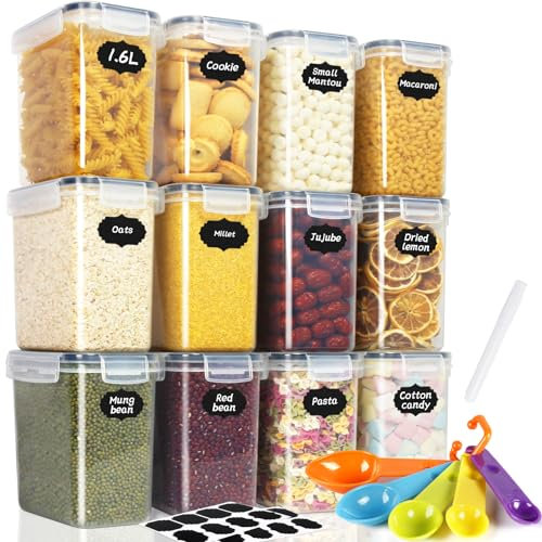 Cinnani 1.6L Botes Cocina Almacenaje 12 Piezas, Recipientes para Alimentos de Plástico, sin BPA, Botes Cocina Hermeticos Contenedores para Cereales, Pasta, Arroz, Harina