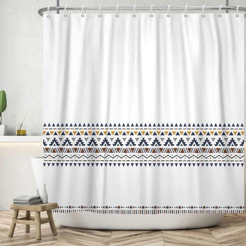 ASDCXZ Boho Duschvorhang 180x180 cm, Modern Boho Marineblau Gelb Braun Regel Geometrie Muster Weiß Bad Waschbar Duschvorhänge Polyester Textil Wasserdicht Badevorhang für Badewanne mit 12 Haken