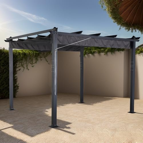 Rattan park Pergola für den Außenbereich, Metall, mit einziehbarem Dach, große Gartenpergola mit Sonnendach, grau, 98 % UV-Schutz, 3 m x 4 m