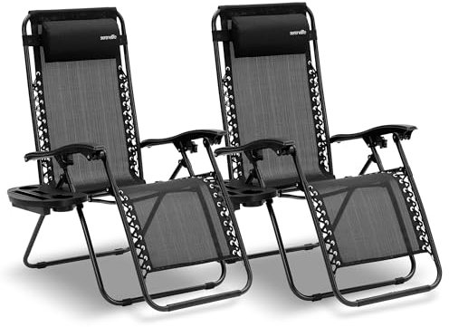 SereneLife Zero Gravity Lounge Chair - Set of 2 Adjustable Recliners with Removable Padded Headrest Pillows, Cup Holders, Breathable Mesh Fabric, Lightweight and Foldable, Black