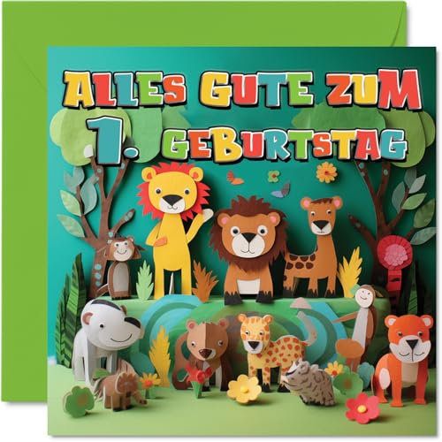Stuff4 1. Geburtstagskarte Junge Mädchen - Dschungeltiere - Geburtstagskarten Kinder 1 Jahr Jungen Sohn Tochter Neffe Nichte Enkel Enkelin, 145mm Eins Erste Geburtstag Glückwunschkarten