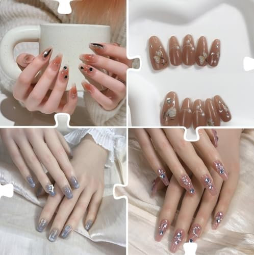 False Nails Press on Nails Pure Handmade 50pcs/100PCS Randomised set of 5/10 Different Nails Designs Reusable Fake Nails Stick on Nails French Tip False Nails (L, Random non-repeatable 10 Sets)
