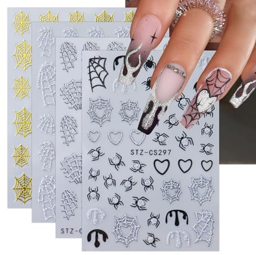 JMEOWIO 8 Sheets Spider Web Halloween Nail Art Stickers Decals Self-Adhesive Nail Supplies Nail Art Design Decoration Accessories