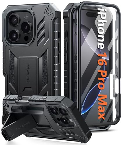 FNTCASE for iPhone 16 Pro-Max Case: Military Grade Drop Proof Protection Mobile Cover with Kickstand | Matte Textured Rugged Shockproof TPU | Protective Sturdy Phone Case - 6.9 inch Black