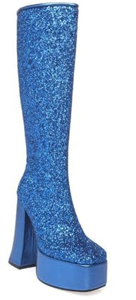 Stivali Alti al Ginocchio con Plateau e Tacco Spesso da Donna, 14 cm, Punta Quadrata, Cerniera Laterale, Stivali Alti, Grandi Dimensioni, Stivali Autunnali e Invernali,Blu,46 EU