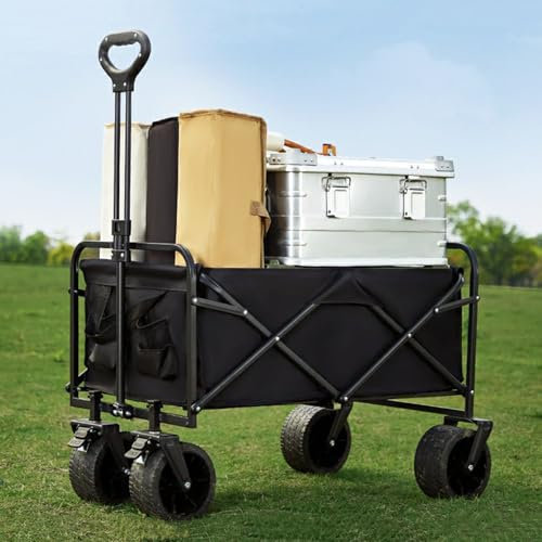 Carri Carrelli Pieghevoli, Carro da Spiaggia Pieghevole con Grandi Ruote per Tutti I Terreni, Freno A Un Clic, capacità 300L, capacità di Peso 550lbs, per Usato per Picnic, Pesca, Giardino (Nero)