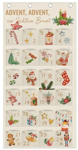 Adventskalender 2025 als Wandkalender aus Stoff, Adventskalender zum Befüllen mit 24 Taschen, Weihnachtskalender Wandteppich Hängend zum Wand Tür Deko Weihnachten Kalender Stoffbeutel für Kinder