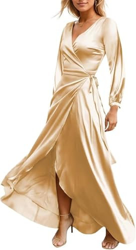 YIANN Satin Bridesmaid Dress Champagne Empire Waist Long Sleeve Formal Dresses for Wedding Party Cocktail Gown UK20