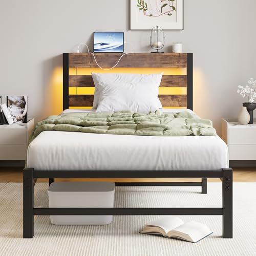 VERFARM 3ft Single Bed Frame with Charging Station and LED Lights, Heavy Duty Metal Platform Single 90x190 cm Bed Frame with Wood Storage Headboard, No Box Spring Needed, Noise Free, Brown