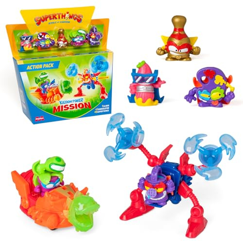 Superthings KAZOOM Power Mission – Action-Pack enthält 5 SuperThings (inklusive 1 Goldener Superführer), 1 Exoskeleton, 1 Slider, 3 x 4 Stück