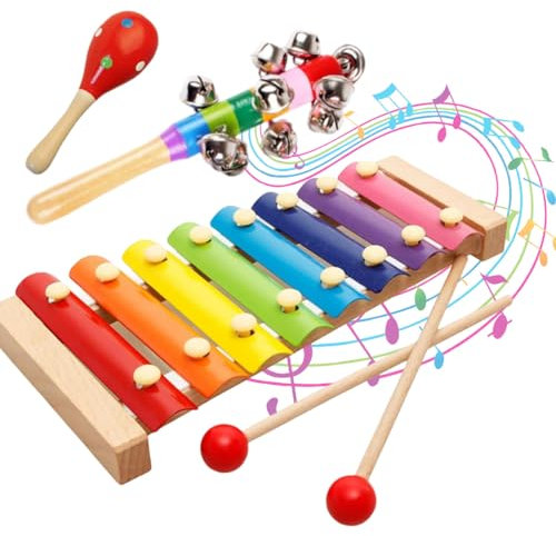 NHQZ Ensemble d'Instruments de Musique en Bois pour Enfants - Xylophone, Tambourin, Maracas et Plus - Jouets Musicaux pour Tout-Petits aux Couleurs Neutres