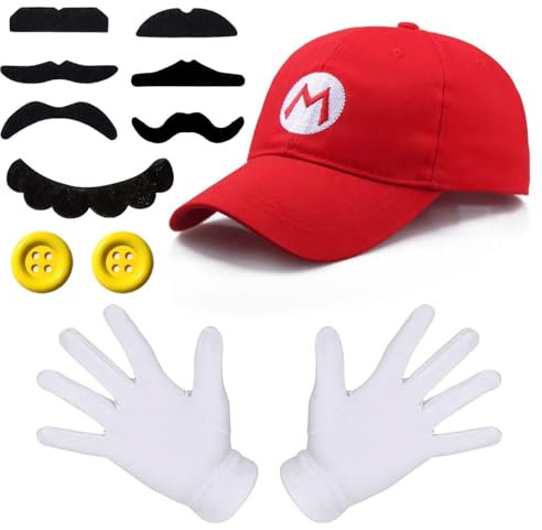 Ceeyoll Mario e Luigi Cappelli,Costume Super Mario Bambino,Mario Luigi Costume Accessori Mario Cosplay Costume,Include un Cappello Rosso di Mario, Sette baffi, Due Bottoni e un Paio di Guanti.