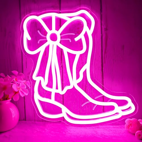 Vveikea Cowboy Boot With Pink Bow Neon Sign Cowgirl Boot Led Sign Dimmable Cowgirl Western Wall Decor Coquette Bows Pink Room Decor Aesthetic Birthday Party Gifts
