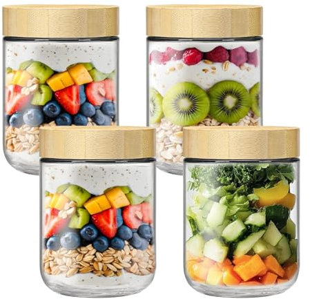 DYUEE 4-pack 16oz Glass jars with Airtight Lids, Transparent Jars with Wood Lids for Meal Prep, Wide Mouth Mason Salad Jars, Glass Food Storage Containers for Snacks Yogurt Spice Sugar