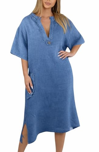 Mississhop 100% Leinen Kleid Damen mit V-Ausschnitt & Tasche 3093 - Leinenkleid