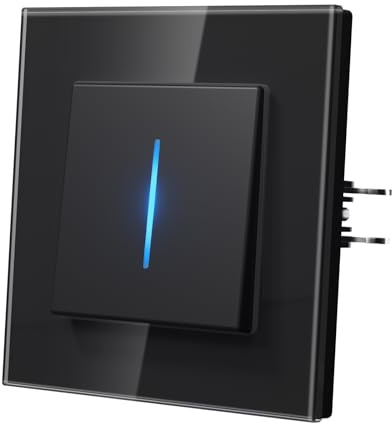 MVAVA Lichtschalter Unterputz, Lichtschalter mit Blaue Leuchtstreifen, Moderne Glas Schalter, Einfache Montage 86mm*86mm Wandschalter, 1 Fach 2 Wege Schwarz