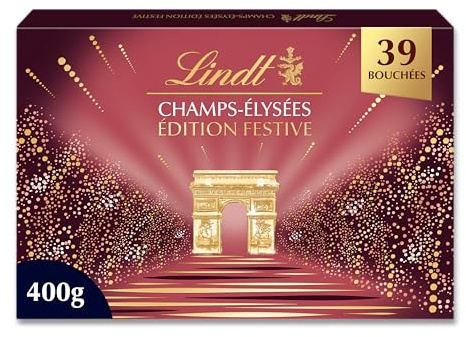 Lindt - Boîte CHAMPS-ÉLYSÉES Édition Festive - Assortiment de Chocolats au Lait, Noirs et Blancs - Pralinés, Croustillants et Onctueux - Idéal pour Noël, 400g