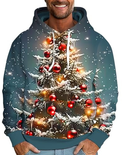 Men's Christmas Hoodie Xmas Tree Light up Jumper Snowflakes Sweatshirt Hooded Pullover 3D Print Sweater with Pockets Ugly Novelty Blouse Casual Loose Fit Jumpers Warm Cosy Clothes Holiday Party Tops