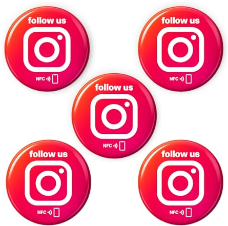5 adesivi NFC – Instagram Follow us – Inglese – Riscrivibile e senza contatto – Ø 3 cm con retro 3M – Per eventi, biglietti, saloni e negozi – Confezione ecologica