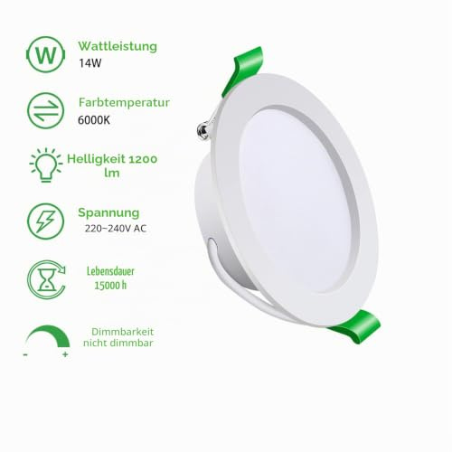 Yiahin LED Einbaustrahler 230V Ultra Flach 28mm 14W 1200LM Kaltweiß 6000K LED Spots 230V Lochmaß Ø 140-160mm Runde Downlights Deckenspots für Küche Wohnzimmer, 4er Set