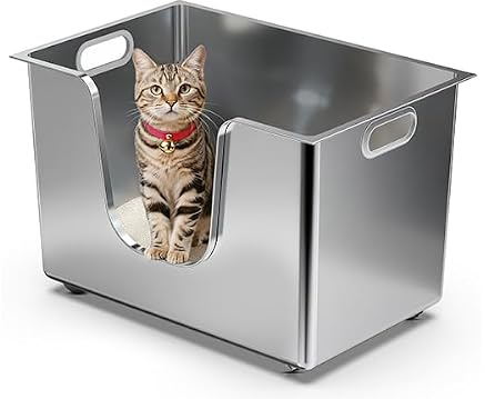 PTLOM Lebensmittelechtes Katzenklo Edelstahl Katzentoilette 30cm Hohe Ränder Rostfrei,Auslaufsicher, Niedriger Einstieg für ältere Katzen + Rollen – Perfekt für Mehrkatzenhaushalte