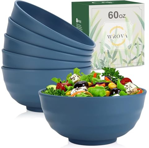 Wrova Large Bowls Set 60 OZ Unbreakable Ramen Bowls Set of 6 Microwave and Dishwasher Safe Bowls Big Bowls for Camping and Party Reusable Plastic Bowl for Serving Ramen and Salad - Blue