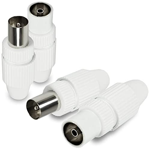 com-four® HQ Set: 2X Adattatore Maschio Coassiale + 2X Adattatore Femmina Coassiale, Connettore per Cavo Antenna TV di Alta qualità - Spina Bianca (Set HQ: 2X Spina + 2X Presa)