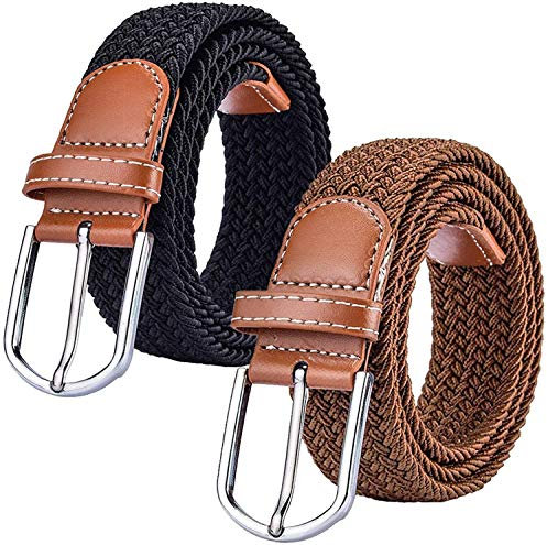 Chalier 2 Pack Damen Elastischer Stoffgürtel Geflochtener Stretchgürtel Dehnbarer Gürtel, Brown & Black, Einheitsgröße