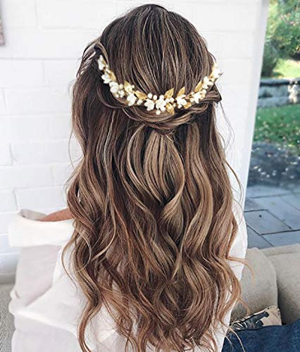 Unicra Gold Hochzeit Perle Haar Reben Blume Blatt Kopfschmuck Hochzeit Haarschmuck für die Braut