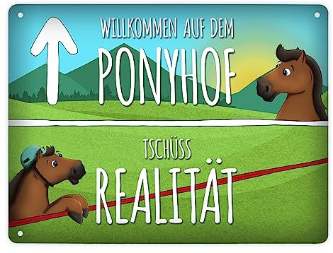 Metallschild XL mit Pferde Motiv und Spruch: Willkommen auf dem Ponyhof