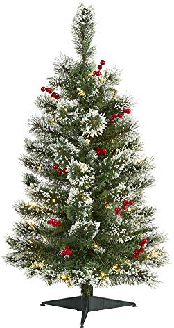Nearly Natural 3ft Artificial Swiss Pine Christmas Tree Frosted with 50 Clear LED Lights and Berries