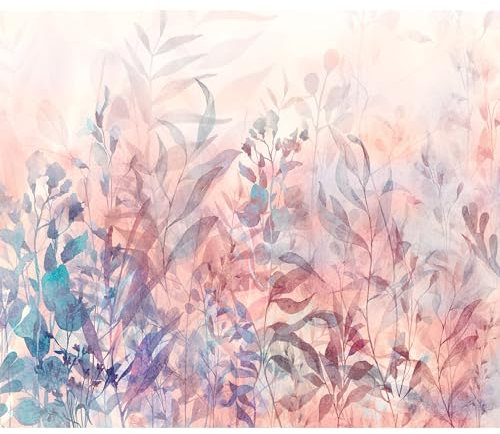 decomonkey Fototapete selbstklebend Pflanzen 294x210 cm Selbstklebende Tapeten Wand Fototapeten Tapete Wandtapete klebend Klebefolie Blätter Blumen Natur Laub Blatt Rosa Violett Blau Aquarelle