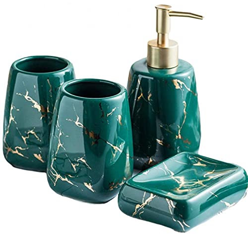 YYW Ceramics Bathroom Sets,3/4/5 Pieces Modern Luxury Bathroom Accessories Set Marble Pattern Ceramics Bathroom Sets Accessories for Home,Apartment,Dormitory (Green, 4-Piece)