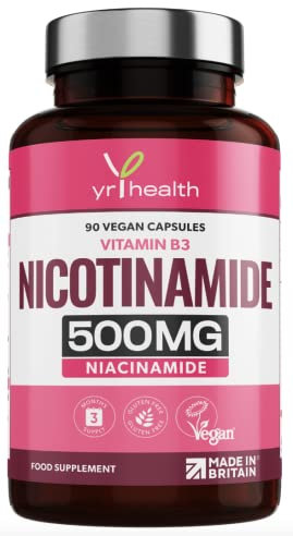 Vitamin B3 Nicotinamide, Niacinamide 500mg - 90 Vegan Niacin B3 Capsules Flush Free, for Skin, Energy Yielding Metabolism, Tiredness & Fatigue, One A Day, 3 Months Supply - Made in The UK by YrHealth