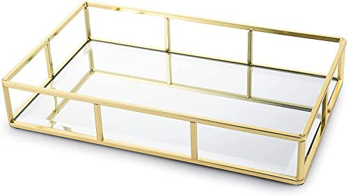 Jucoan Gold Glass Mirror Tray, Metal Perfume & Jewelry Tray, Decorative Vanity Makeup Organizer for Bathroom & Bedroom Cosmetics Storage